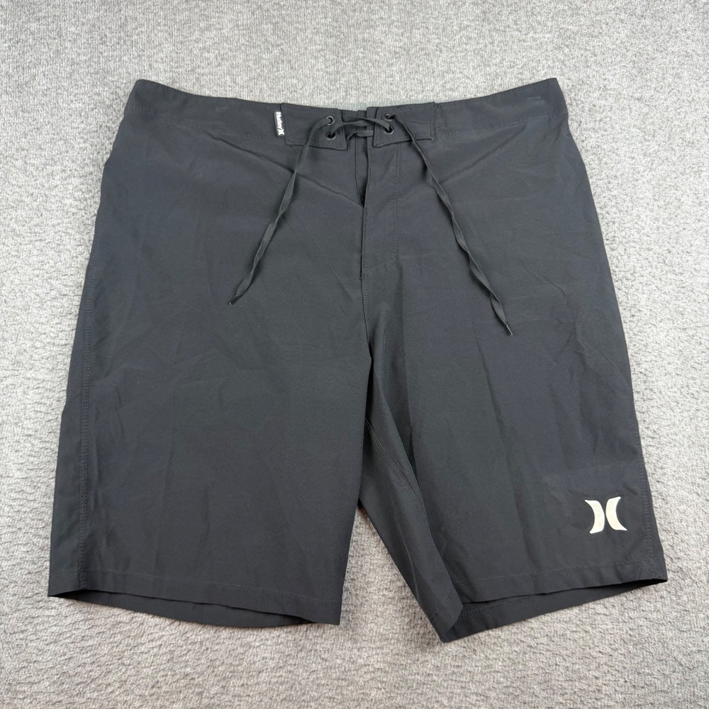 Hurley Board Shorts Men's 34 Black Solid Swim Trunks Surf Performance‎ Logo